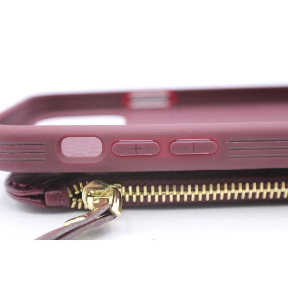 iPhone 12 Wallet Phone Case Zip Pocket Card Holders Burgundy Wine Protective NEW